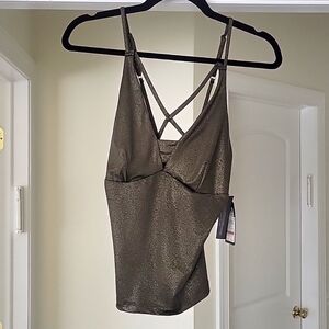 Shimmering scrappy olive green x back cami "rhea foiled x back cami"